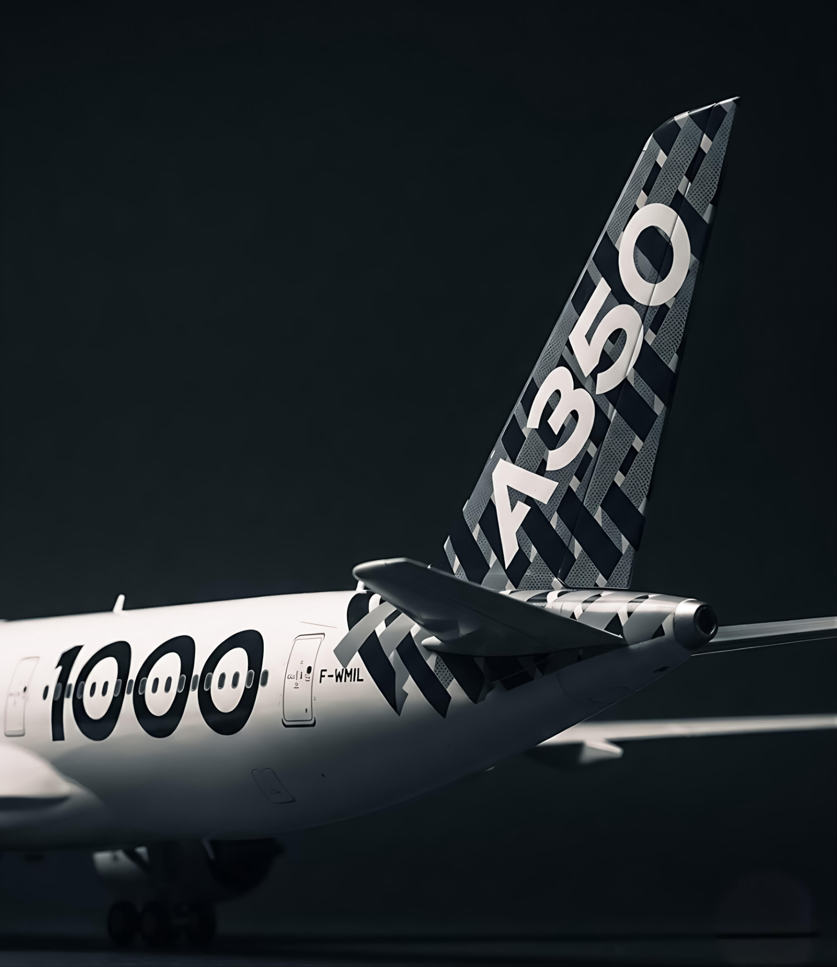 Detail of a scale model aircraft tail in low hangar light
